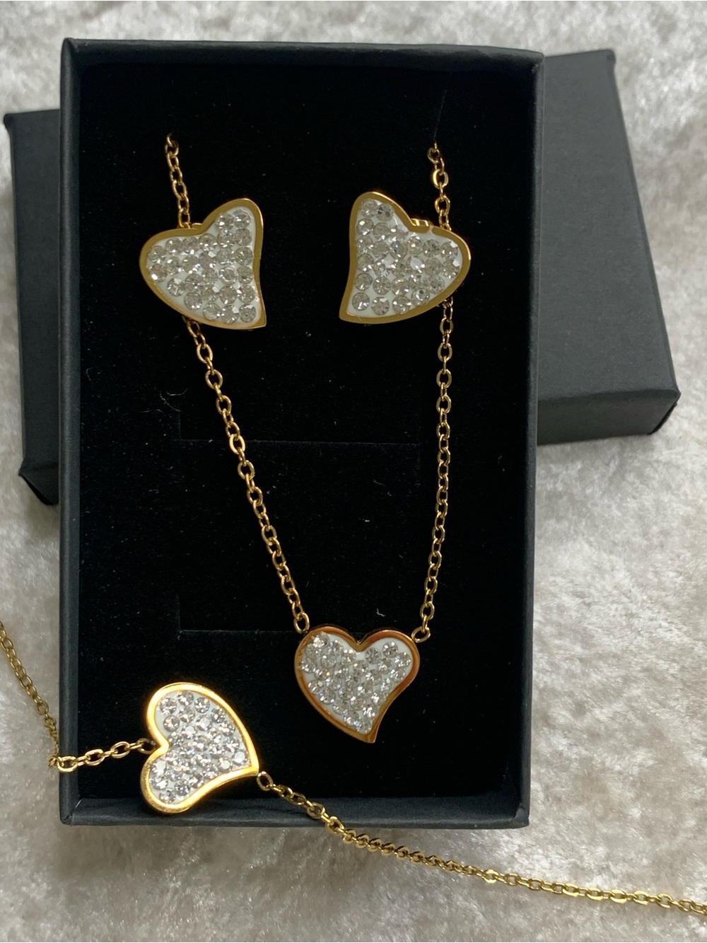 NWOT 18KGold layered/bonded CZ Heart l necklace/bracelet & earring set